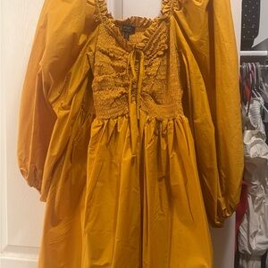 Eloquii Golden Mustard Long Sleeve Smocked Waist Dress
